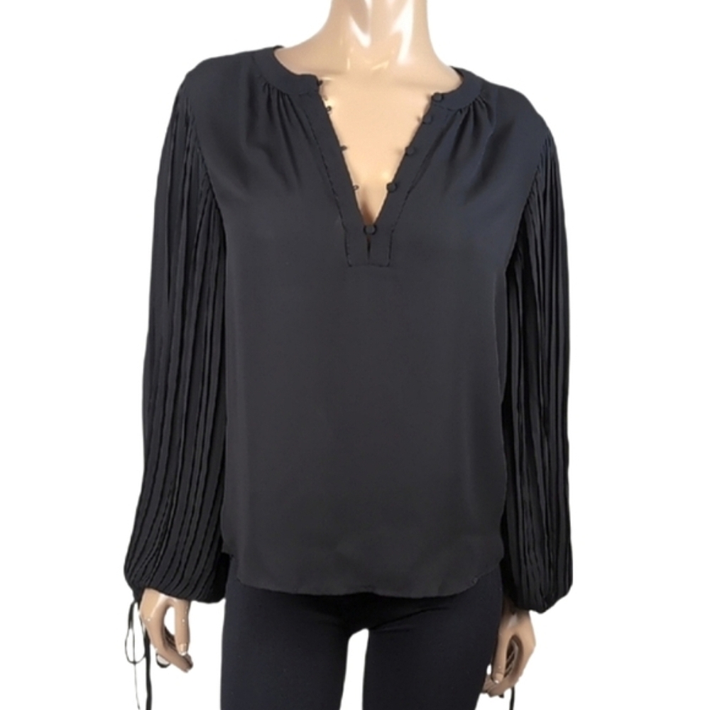 Belle Vere Boxy Vneck Blouse Pleated Balloon Sleeves Black Womens Size Small